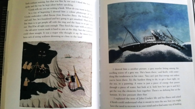 Left: "Rescue By Breaches Buoy" embroidery detail. Right: A grey trawler listing among the swelling waves of a grey sea. Pages 96 and 97 in "Threads."